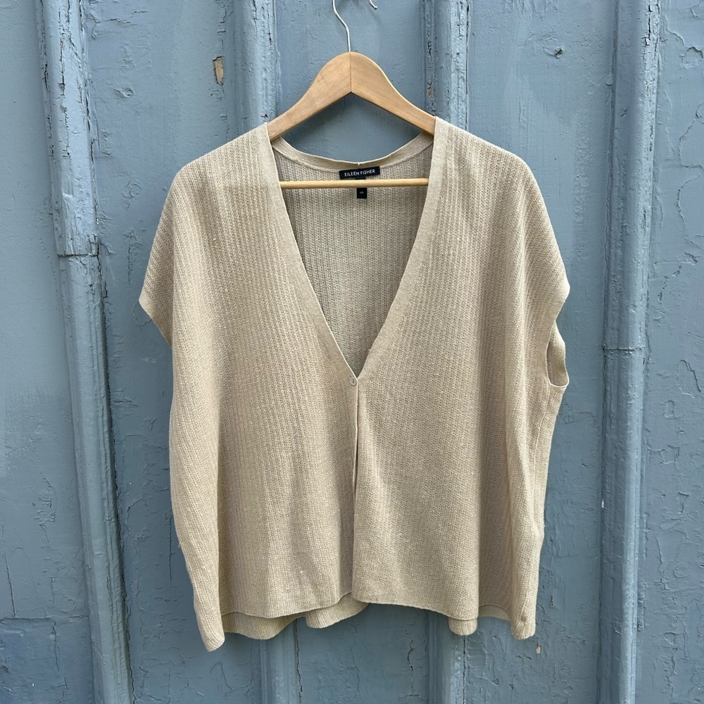 Eileen Fisher Taupe Linen Cotton Short Sleeve Cardigan, size Large